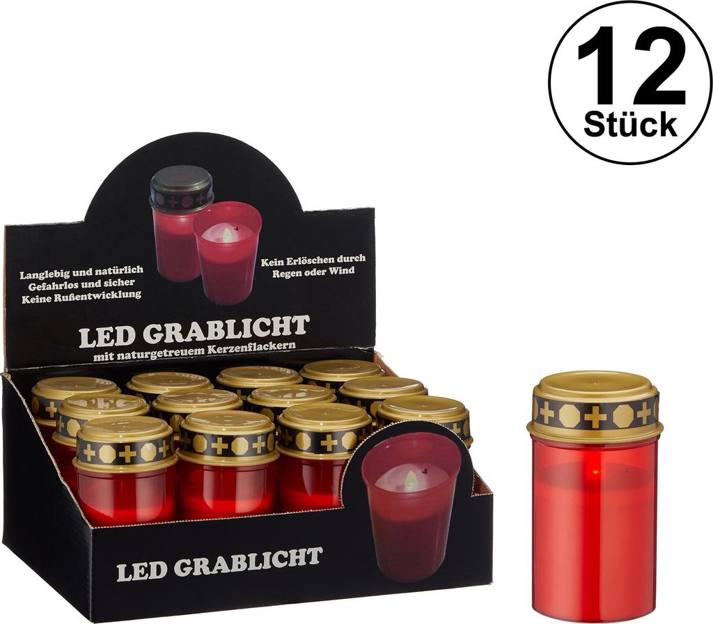12x Batteriebetriebenes LED Grablicht rot Grabkerze Produktbild 