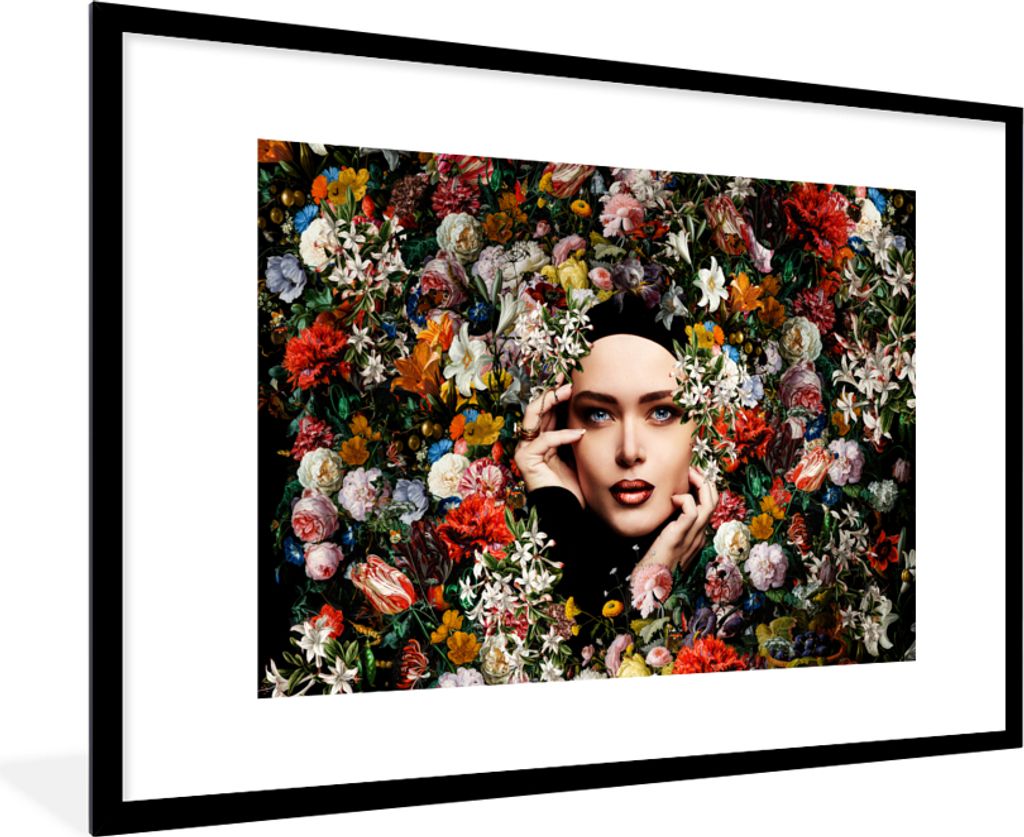 MuchoWow Gerahmtes Poster Blume - Frauen - Porträt - Botanisch 90x60 cm - Poster mit Schwarzem Bilderrahmen Wandposter Rahmen Foto Bilder - Wand...