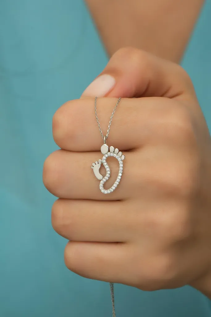 Collier en argent sterling 925 pendentif empreinte mère-enfant ciselé