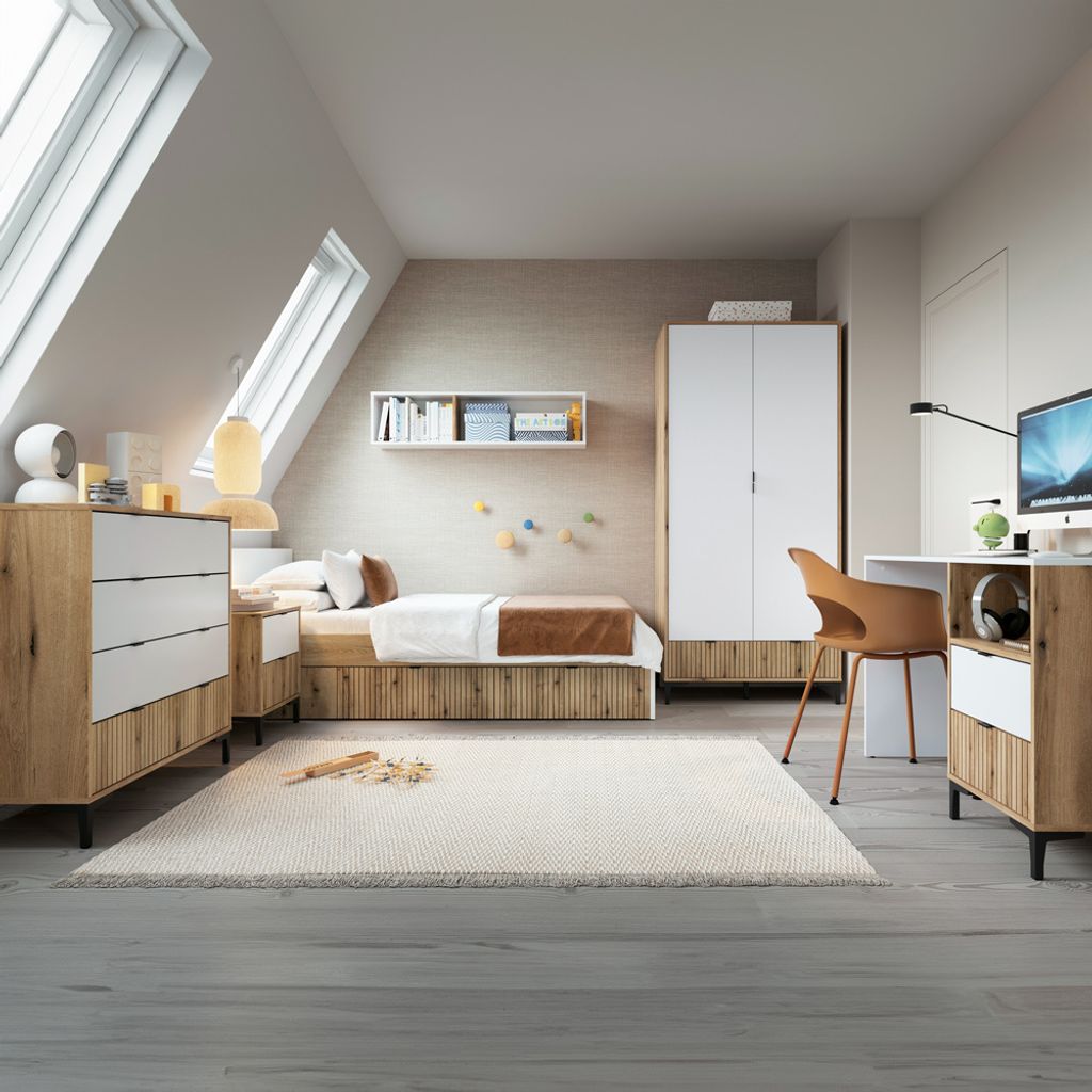 Jugendzimmer Komplett Set RISBY-129 mit Schreibtisch und Bett 120x200 cm in Eiche mit weiß und Rillen Design