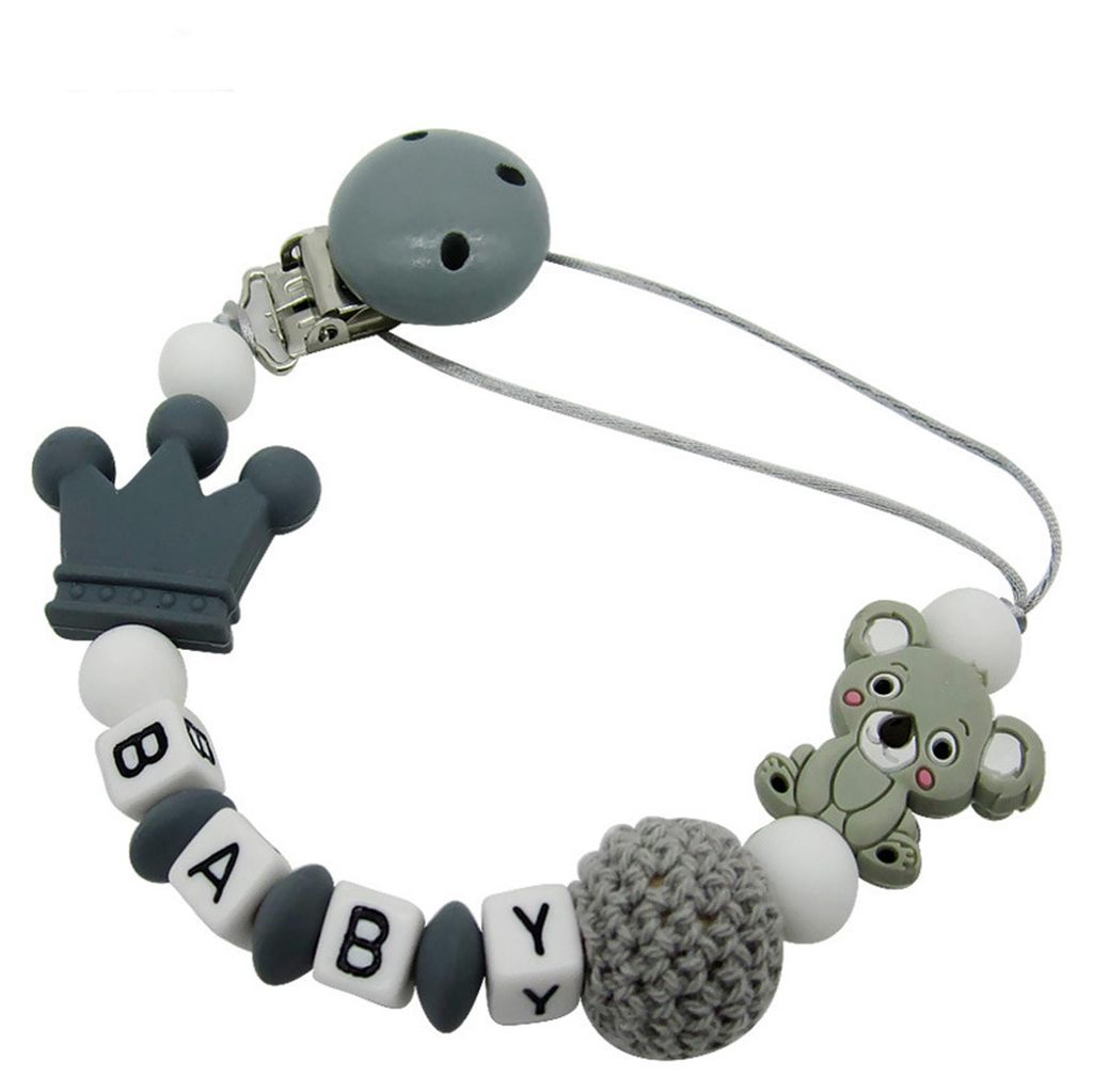 Schnullerclip mit Silikonperlen und Holzbuchstaben, BPA-frei, Beißkette für Babys, Anti-Verlust-Schnullerhalter für Kinderwagen und Autositz