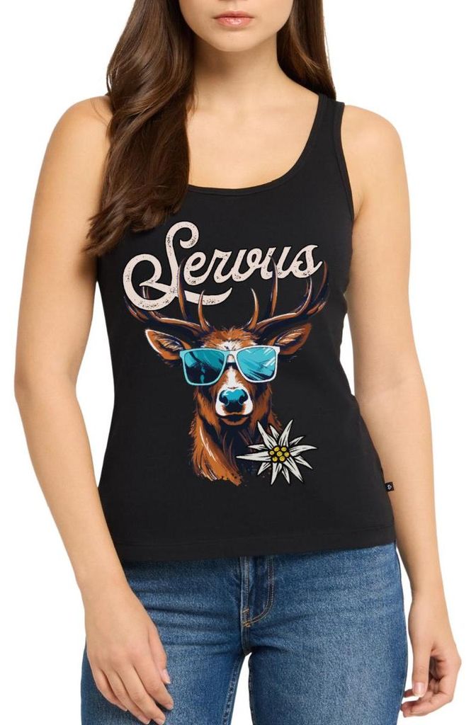 Spreadshirt Servus Hirsch Mit Sonnenbrille Frauen Premium Tank Top, XS, Schwarz