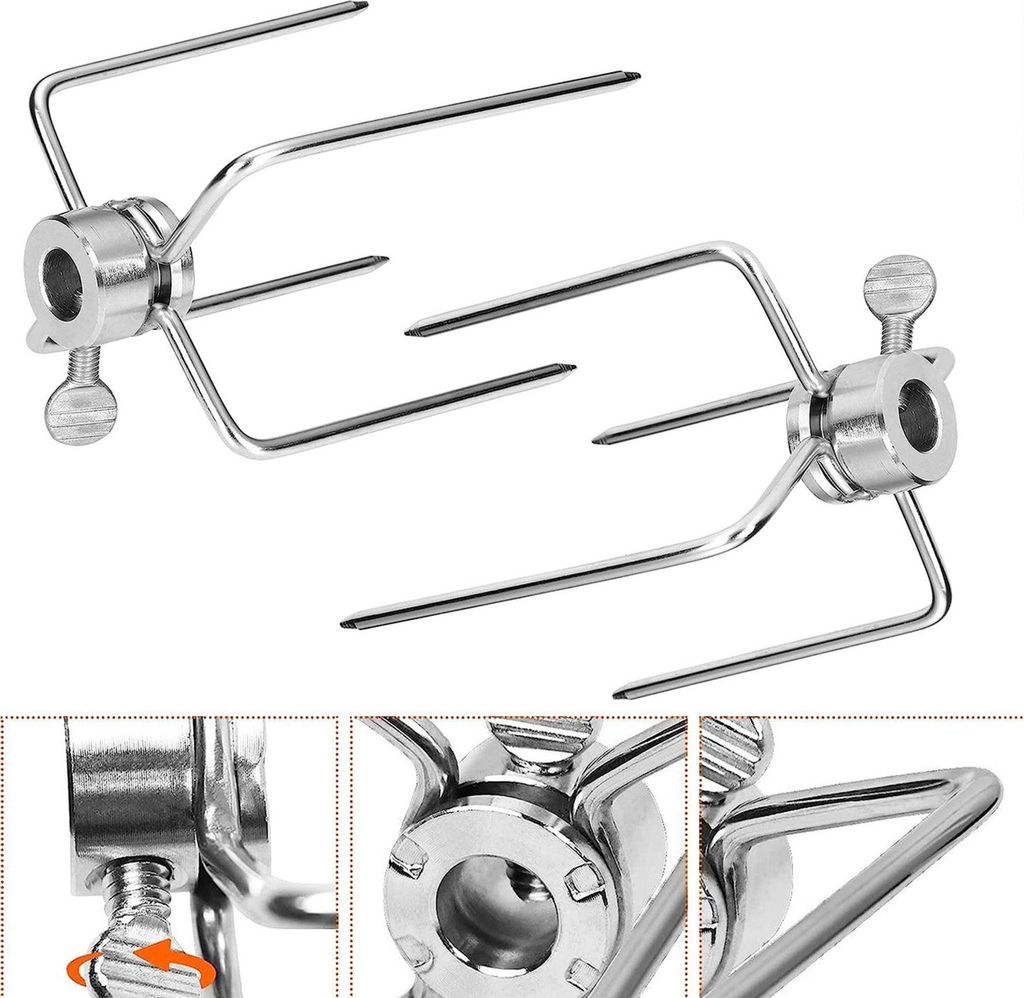 2 Stück BBQ Fleischklammer für Drehspieß Edelstahl Fleischnadeln für Grillspieß Hähnchengrill Grillgabel Multifunktionale Klammern