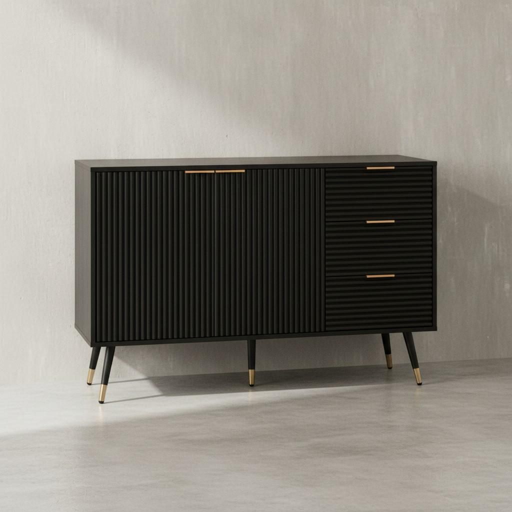 Sideboard 120x80x40 cm Anrichte Schwarz mit Eiche-Nachbildung, Kommode mit Türen und Schubladen, Kommodenschrank Flurschrank Modern, Standschrank ...