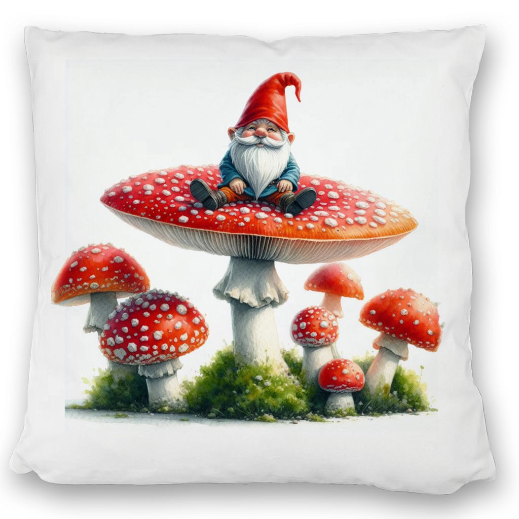 Gartenzwerg auf einem Fliegenpilz Kissen satiniert