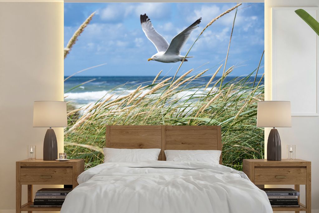 MuchoWow Fototapete für Wohnzimmer oder Schlafzimmer Wandtapete Vinyl Motivtapete Strand - Pflanzen - Vogel - 220x220 cm - Tapeten