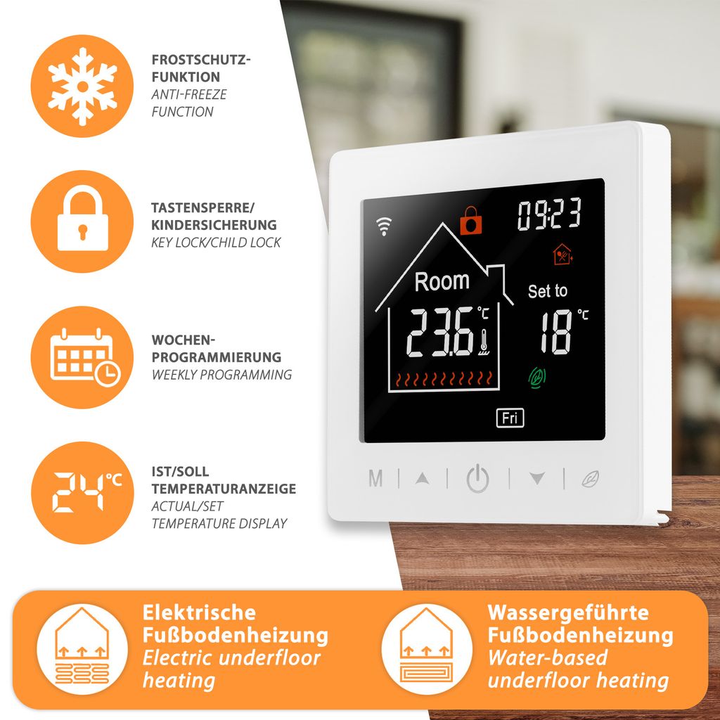 A white smart thermostat is displayed with various feature icons and text descriptions on the left side, and a wooden surface below.