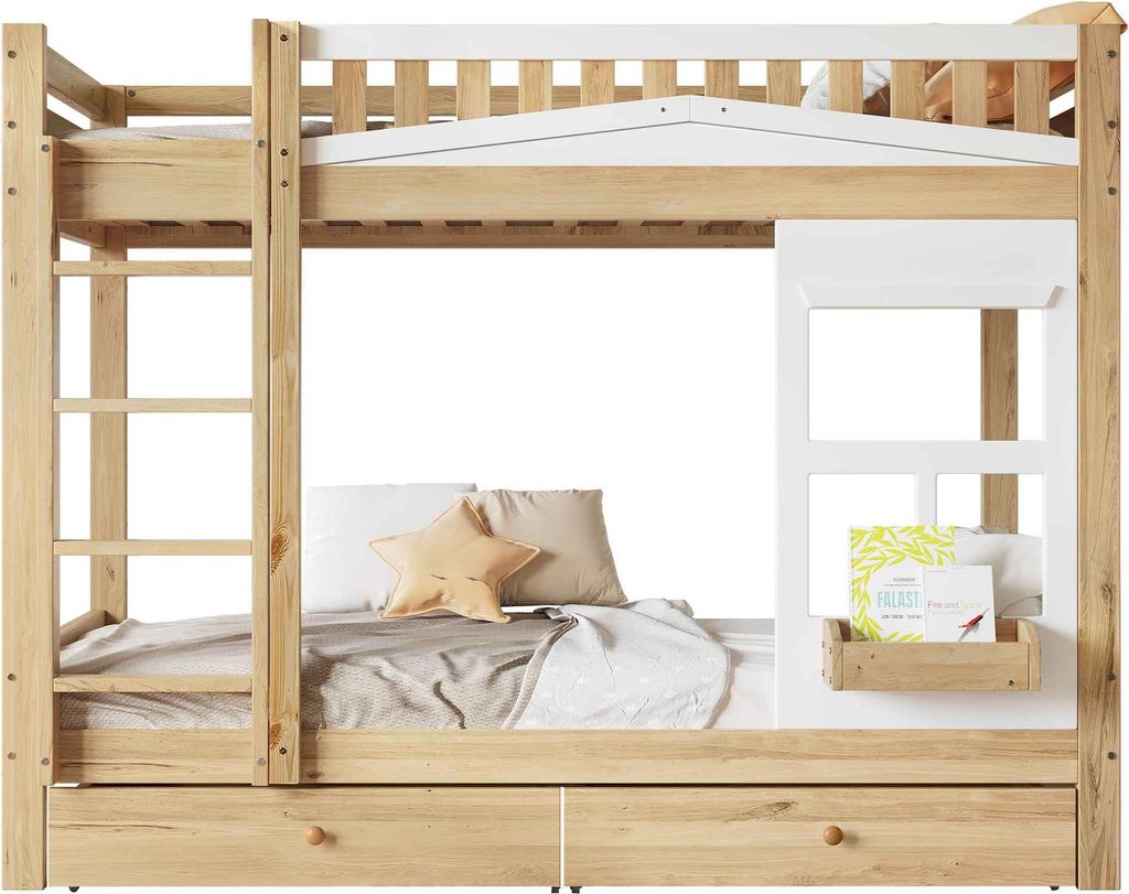 AIORBER Etagenbett Kinder 90x200 cm mit Fenster, Fallschutz, Leiter und Schubladen, Massivholz Hochbett mit Stauraum, Weiß+Natur