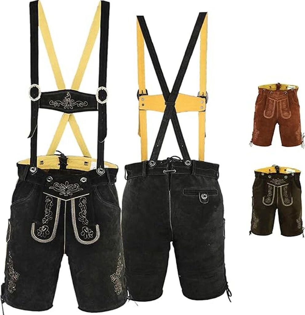 kurze Trachtenlederhose Toni Lederhosen mit Hosenträger, Größe:60/4XL, Farbe:Schwarz
