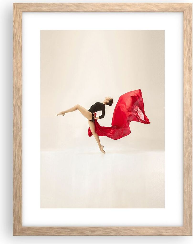 Gerahmtes Poster - Rahmen in heller Eiche - Ballerina Tanz Rot - 30x40 cm - Wand Bild - Wanddeko - Wandbilder - Kunstposter - Wandposter - Bilderra...