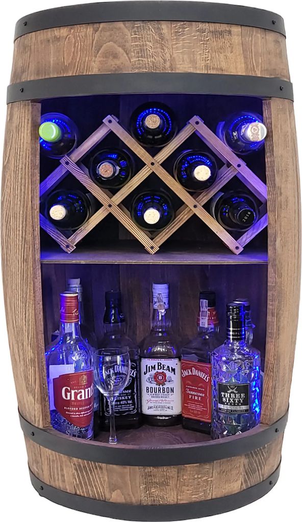 Bar in Form eines Fasses mit ausklappbarem Liegestuhl für Weinflaschen RGB-LED-Beleuchtung