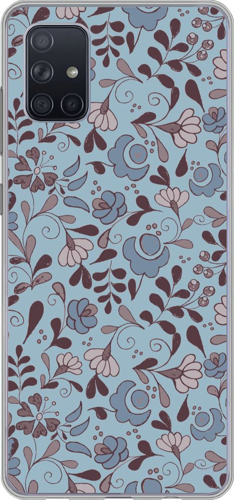 MuchoWow Handyhülle Schutzhülle Hülle für Telefoonhoesje Samsung Galaxy A71 Muster - Blume - Grau - Blau Silikon Softcase Handy Hülle - Kart...