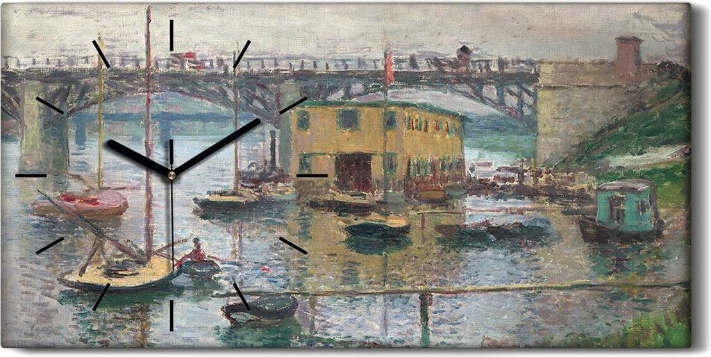 Wohnzimmer-Bild Leinwand Uhr 60x30 Brücke bei Argenteuil an einem grauen Tag - schwarze Hände