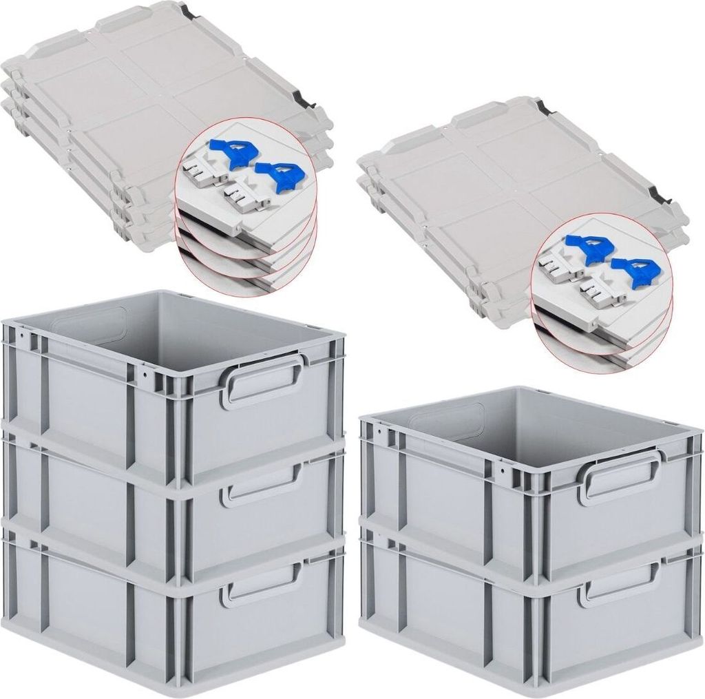 SuperSparSet 5x Eurobox NextGen Economy mit Scharnierdeckel und blauen Schiebeschnappverschlüssen | Griffe geschlossen | HxBxT 17x30x40cm | 16 Lit...