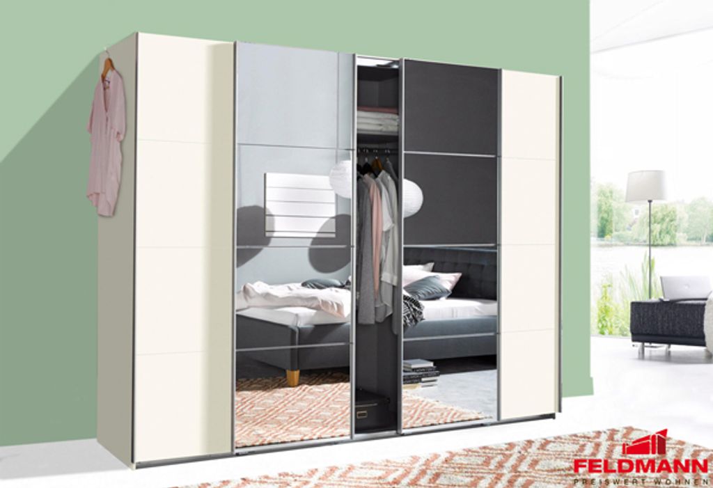 Schwebetürenschrank Schlafzimmerschrank Brüssel 641705 weiß 270cm mit Spiegel Neu