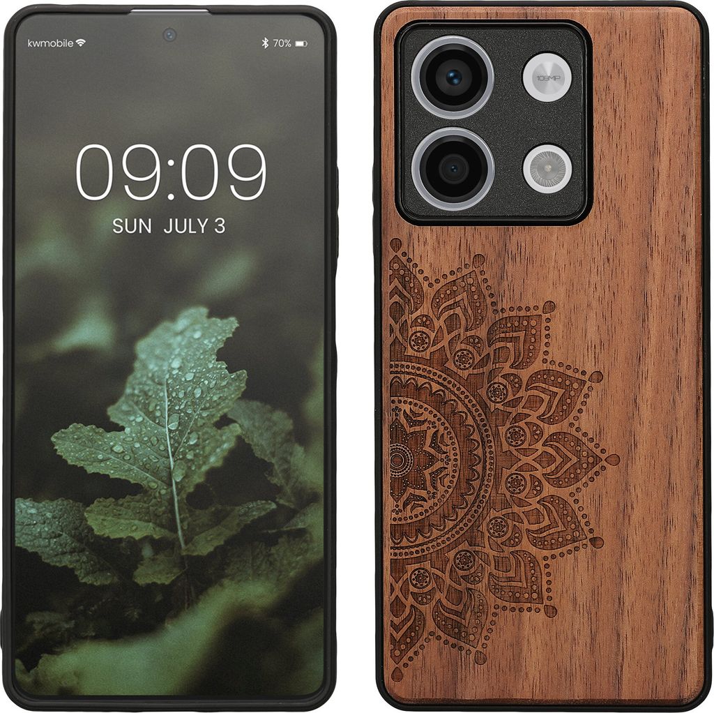 kwmobile Hülle kompatibel mit Xiaomi Redmi Note 13 5G Hülle - Holz Case - Handy Cover - TPU Handyhülle in Dunkelbraun Aufgehende Sonne