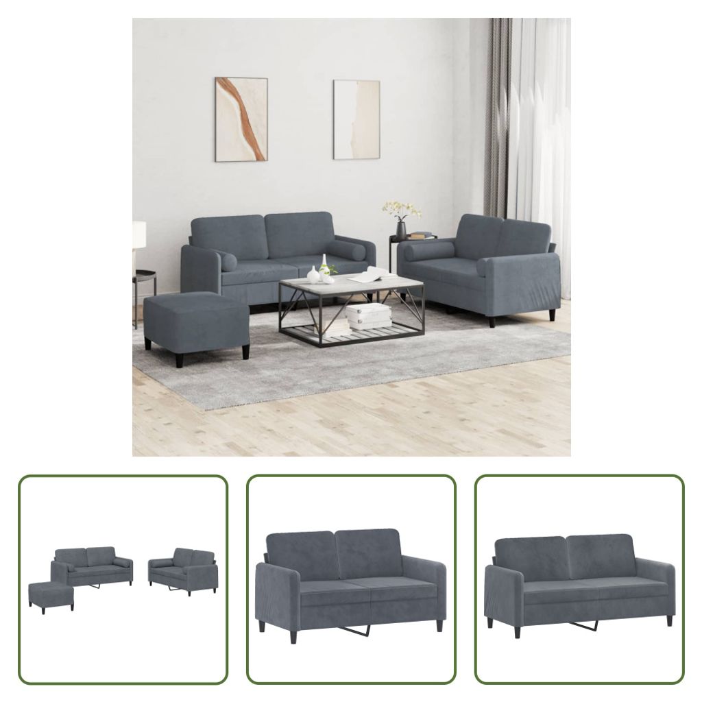 The Living Store 3-tlg. Sofagarnitur mit Kissen Dunkelgrau Samt