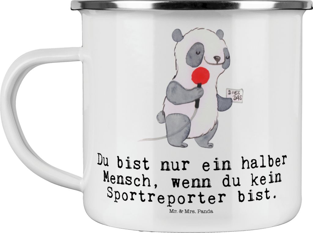 Mr. & Mrs. Panda Teetasse Sportreporter Herz - Weiß - Geschenk, Teebecher, Emaille Tasse, Pott, Becher