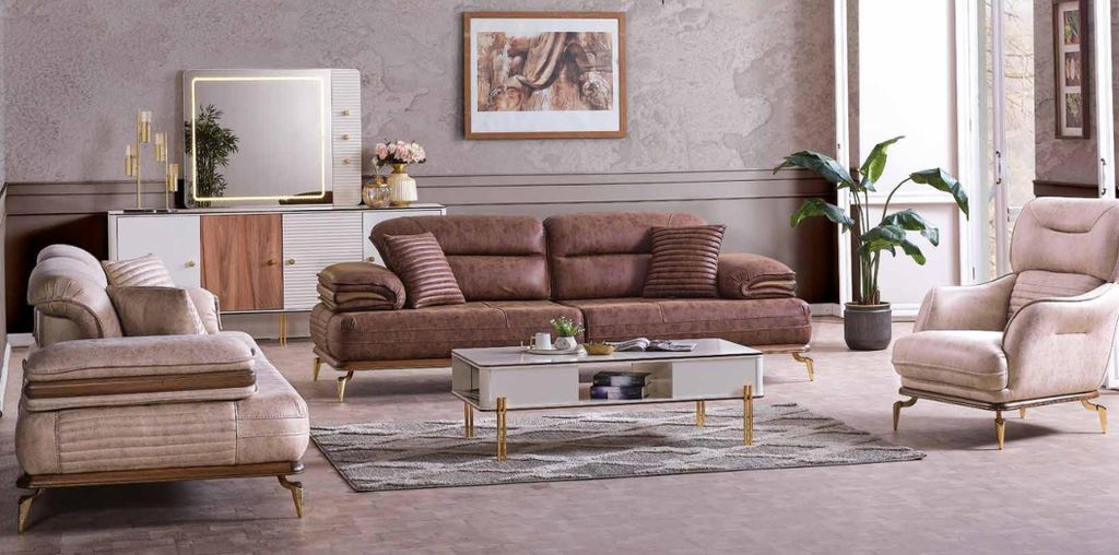 Möbel Wohnzimmer set 3+3+1 Sitzplätzen Sofagarnitur 2x Sofas Sessel Braun