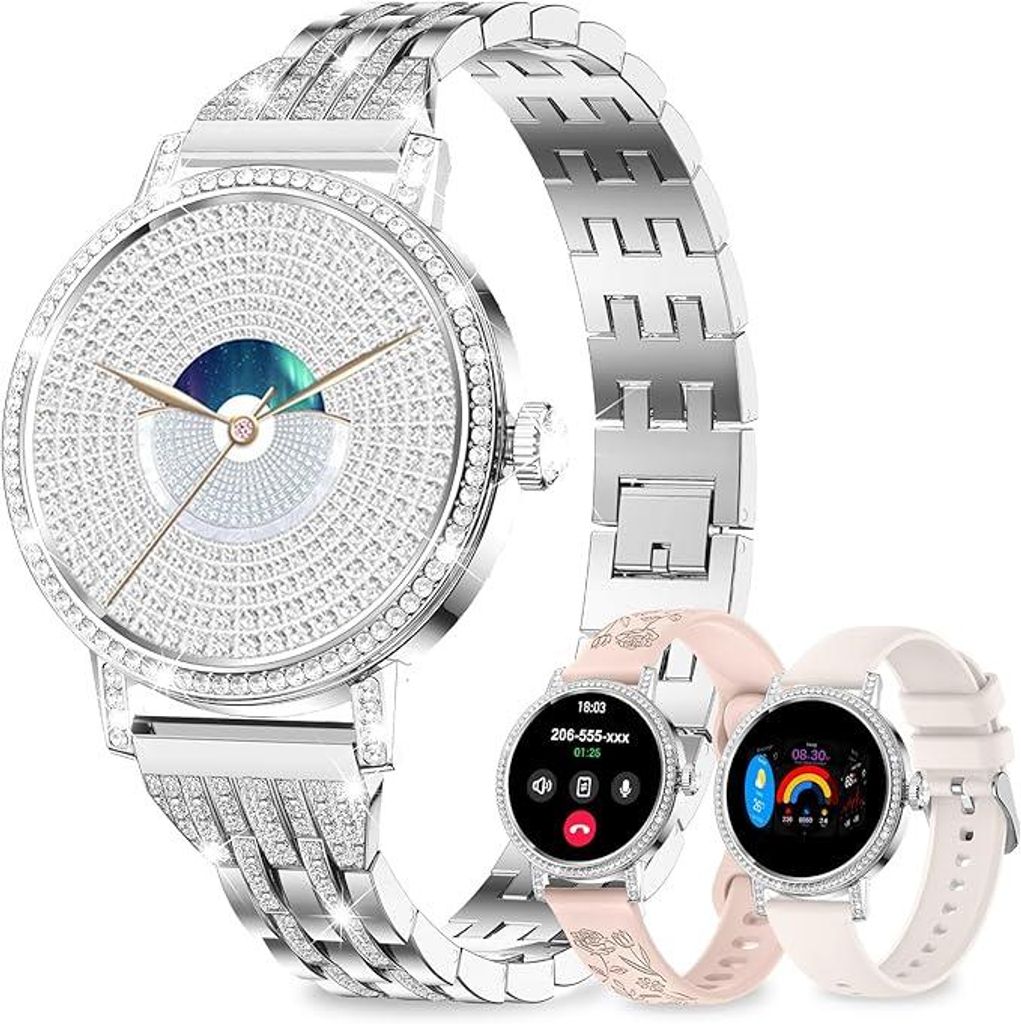 Smartwatch Damen mit Telefonfunktion Diamant,1,27"HD Bluetooth-Anrufe,3 Armbänder,SpO2/Blutdruck/Schlaf/Schritte/Kalorien120 Sportmodi IP68 Fitnes...