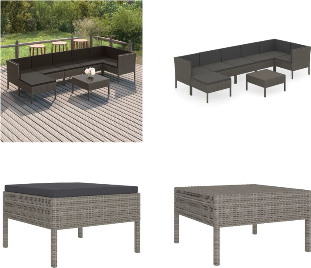 vidaXL 8 tlg. Garten Lounge Set mit Auflagen Poly Rattan Grau - Garten-Sofagarnitur - Garten-Sofagarnituren - Gartensofa-Set - Gartensofa-Sets
