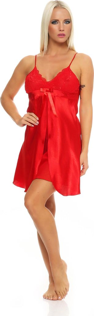Damen kurzes Satin Negligé Nachtkleid Reizwäsche mit Spitze; Rot/S