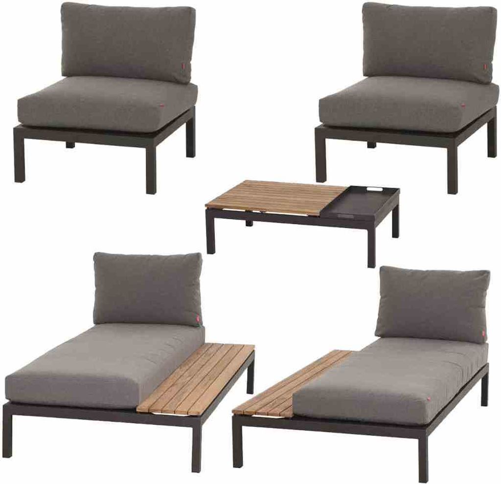 Siena Garden Lounge-Set Alvida - 2 Recamieren + 2 Mittelteile + Tisch, 5 teilig in schwarz, aus Teakholz
