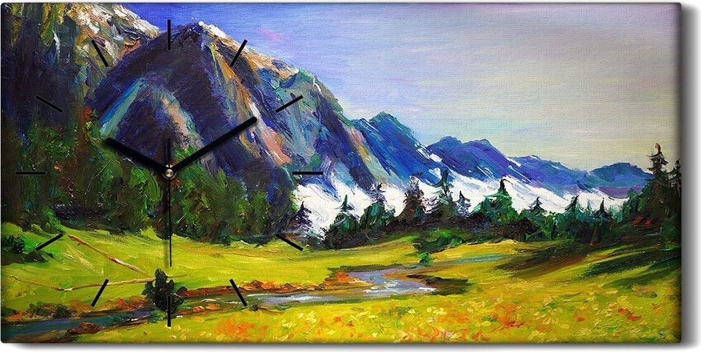 Küchenuhr Bürouhr Leinwand Uhr 60x30 Malerei Wiese Wald Bäume Berg Himmel Kunst - schwarze Hände