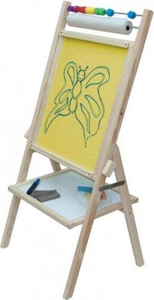 A wooden easel for children with a drawing of a butterfly on the yellow board and art supplies on the tray below.