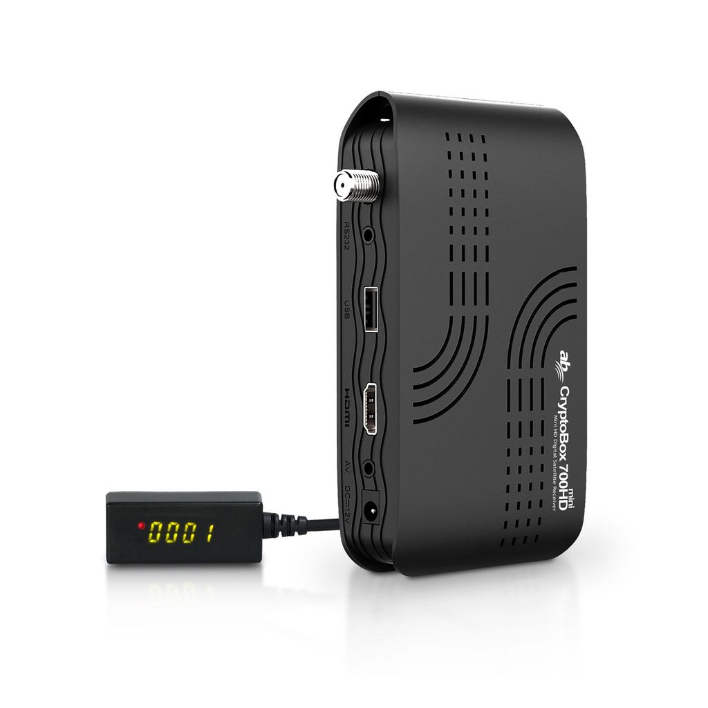 A black satellite receiver and media player is shown on a white background.