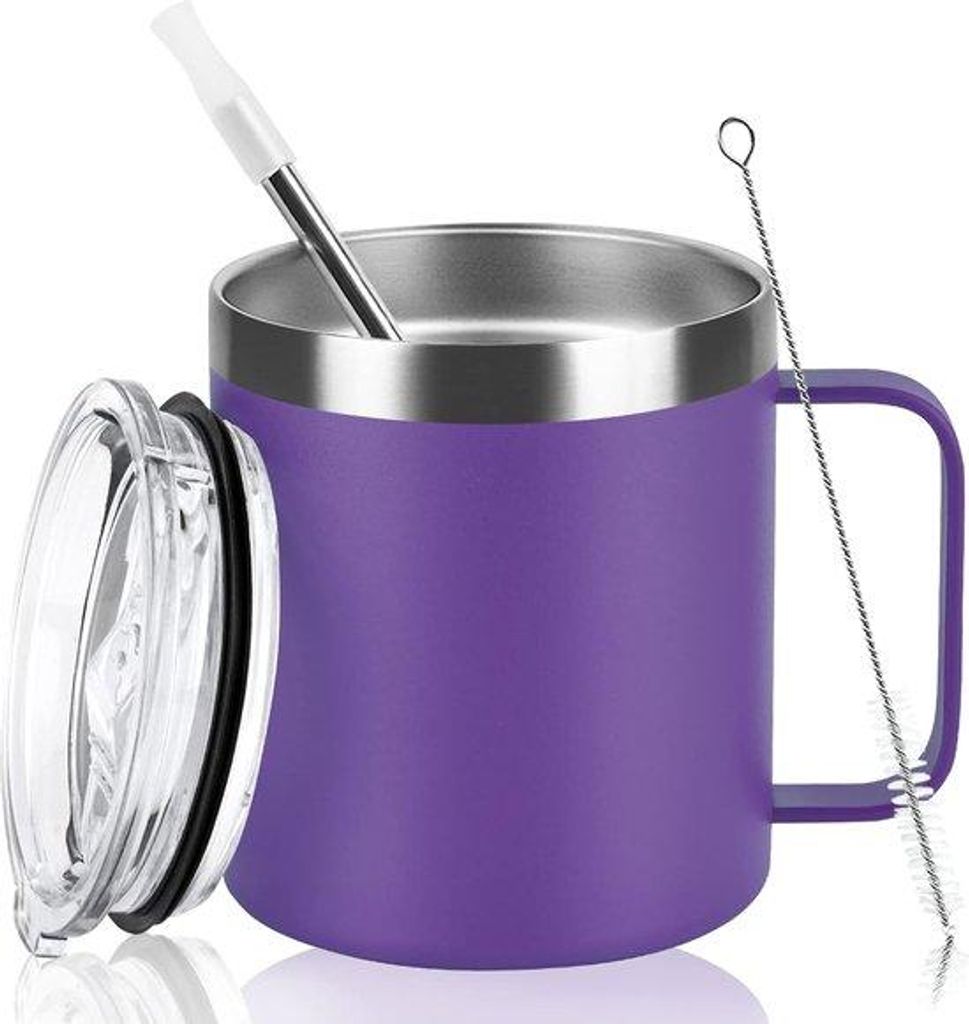 Lila Thermobecher 355 ml, doppelwandig vakuumisoliert, Edelstahl, mit Griff, Deckel und Strohhalm