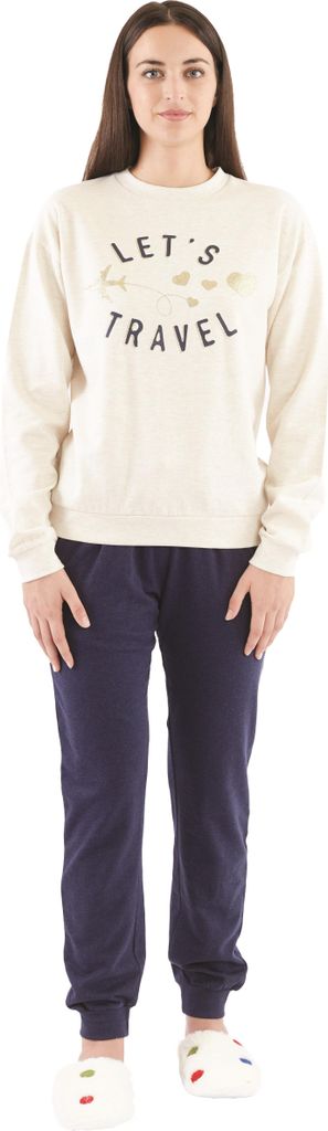 Sorbetto Damen moderner Pyjama/Homewear/Schlafanzug, Langarm Beige/Dunkelblau mit Schrift Gr. M