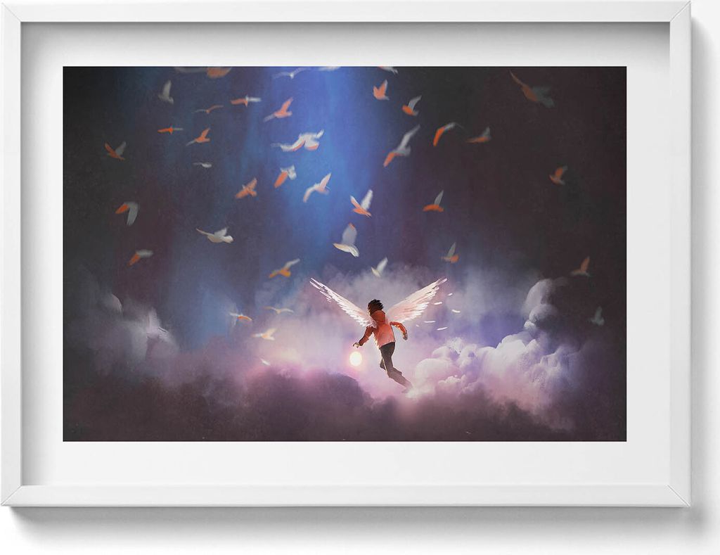 Junge mit Engelsflügeln– Wandbild mit Rahmen – Gerahmtes Bild – Wanddekoration – 70x50 cm – Weiß Rahmen