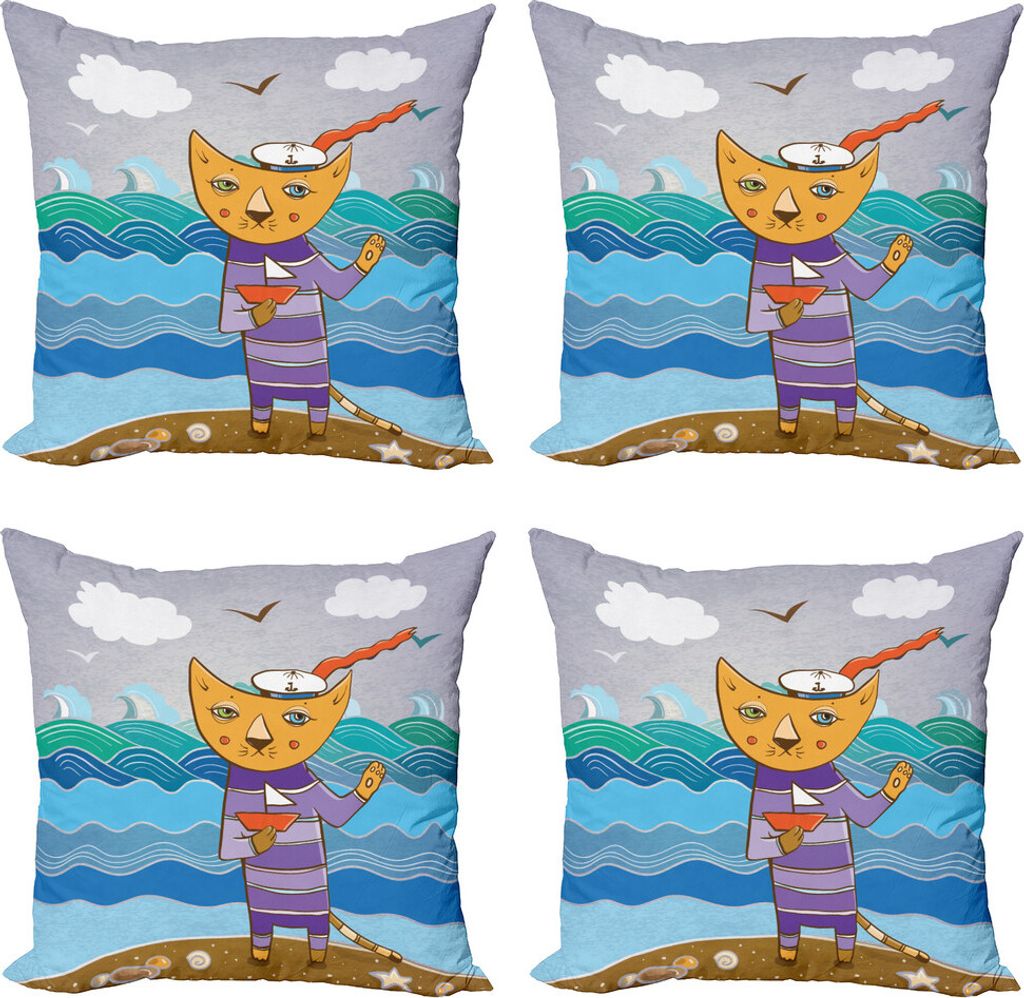 ABAKUHAUS Katze Kissenbezug Set (4 Stück), Sailor Feline auf dem Ufer, Moderner Doppelseitiger Digitaldruck, 50 cm x 50 cm, Mehrfarbig
