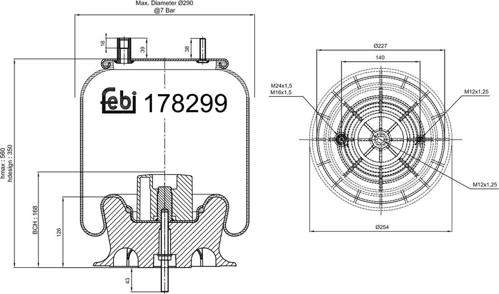 FEBI BILSTEIN Luftfederbalg 178299 Hinten für RENAULT TRUCKS MIDLUM 560 350mm 254mm