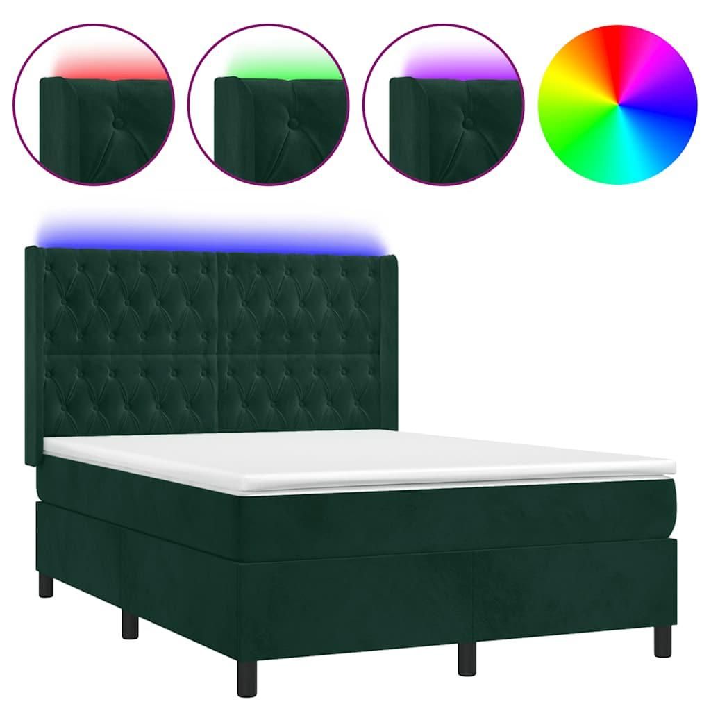 vidaXL Boxspringbett mit Matratze & LED Dunkelgrün 140x190 cm Samt