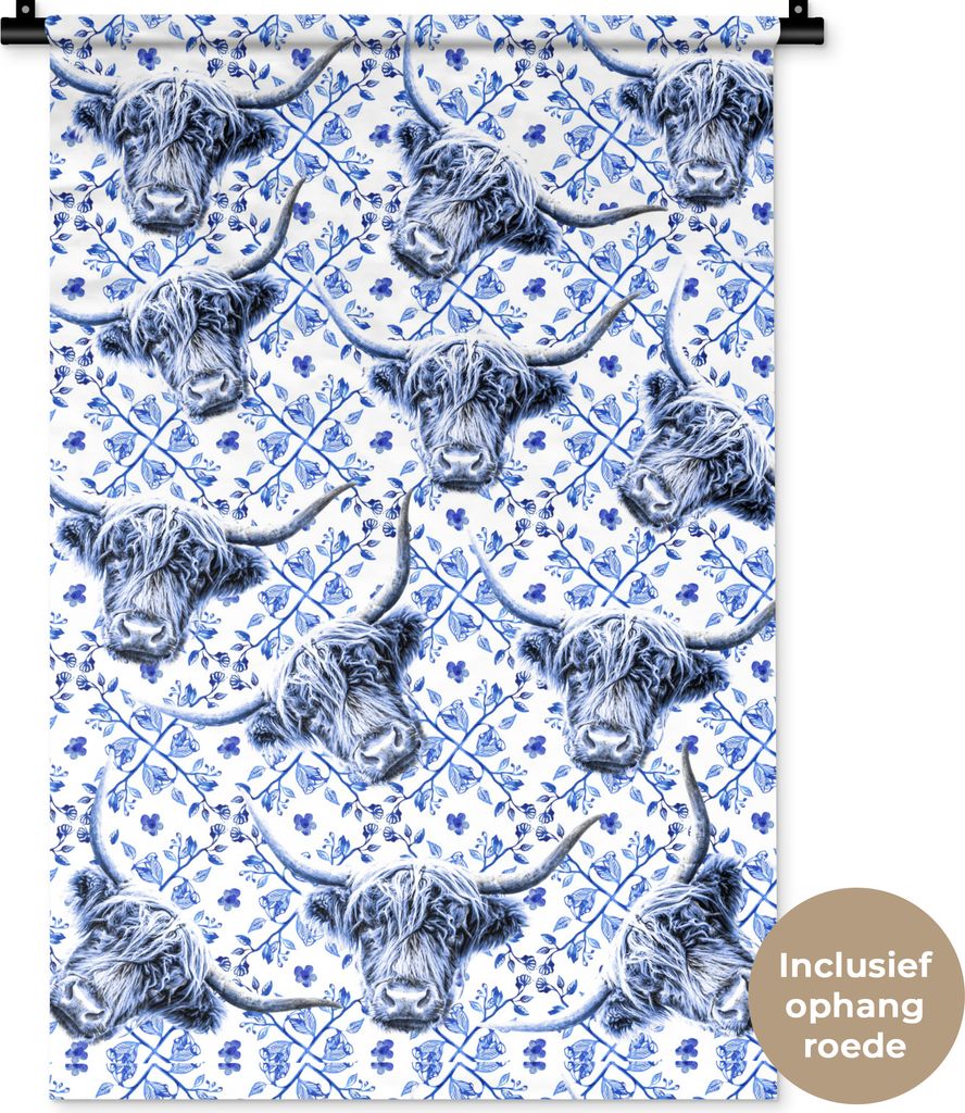MuchoWow Wandteppich Wandbehang Schottisches Hochlandrind - Tiere - Delfter Blau 60x90 cm Tapisserie Dekoration Wandtuch - Foto-Teppich - Abwaschbar