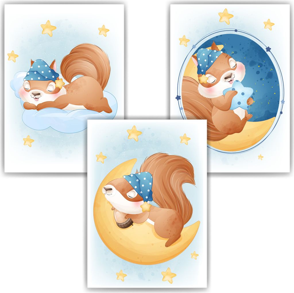 3er Set Poster für Kinderzimmer Bilder Babyzimmer Babyparty Kinderposter Eichhörnchen – DIN A3 (29.7x42cm)