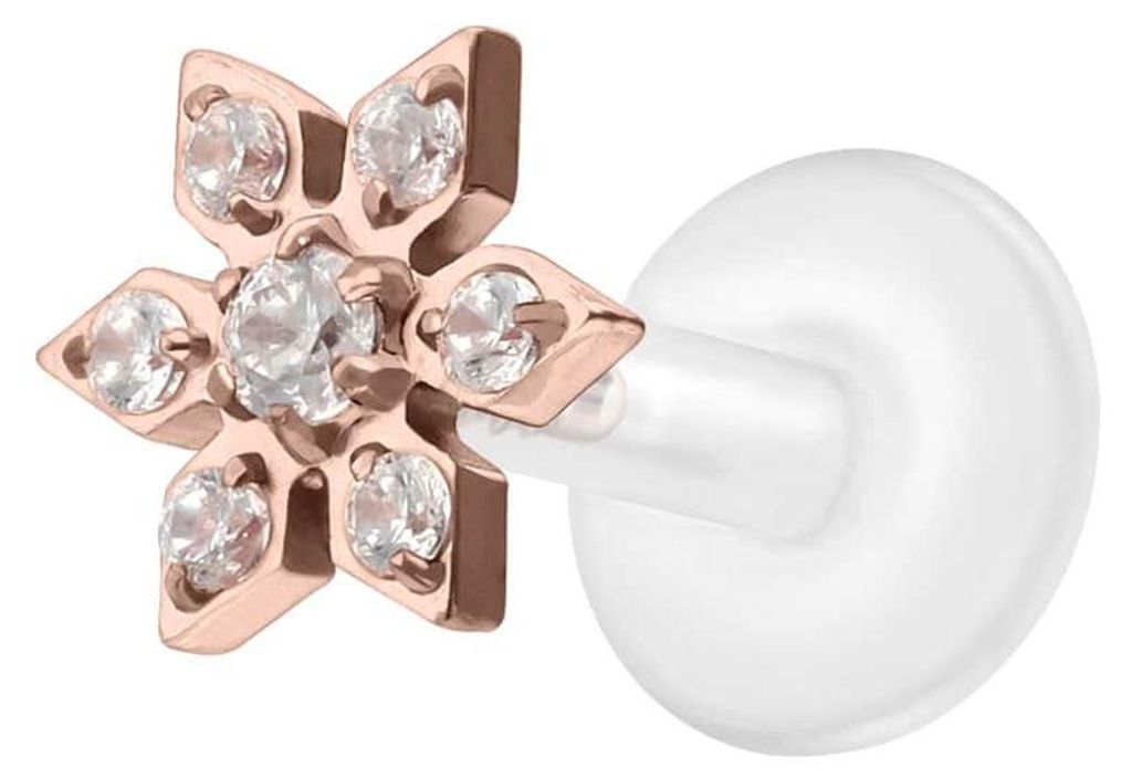 Ohrpiercing, Nasenpiercing PTFE Labret mit Innengewinde + Titan-Aufsatz KRISTALLBLUME RoséGold Stablänge: 5mm | Stabstärke: 1,2mm