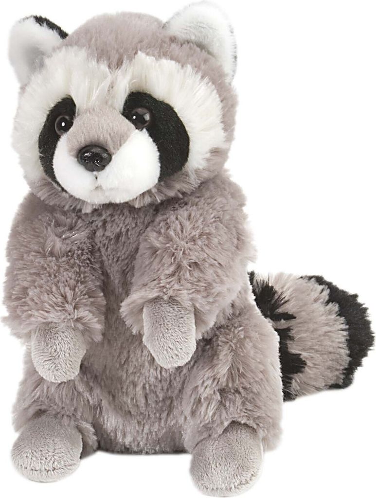 A plush toy raccoon sitting on a white background.