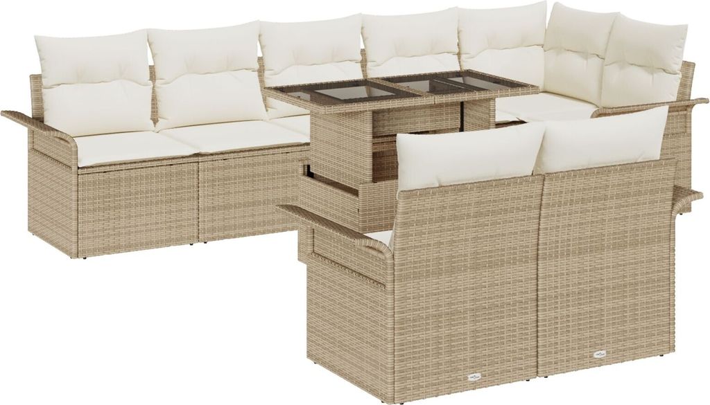 Möbel 9 teilige Garten-Sofagarnitur mit Kissen Beige Poly Rattan, 2-Sitzer Garten Sofa mit Stauraum & Kissen Beige Poly Rattan - Gartensofas 3357044