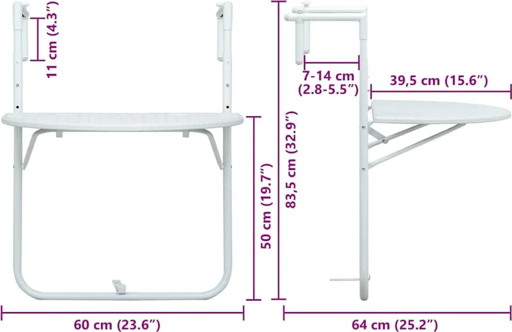Table de balcon pliable et suspendue blanche pour petits espaces 60cm - 7