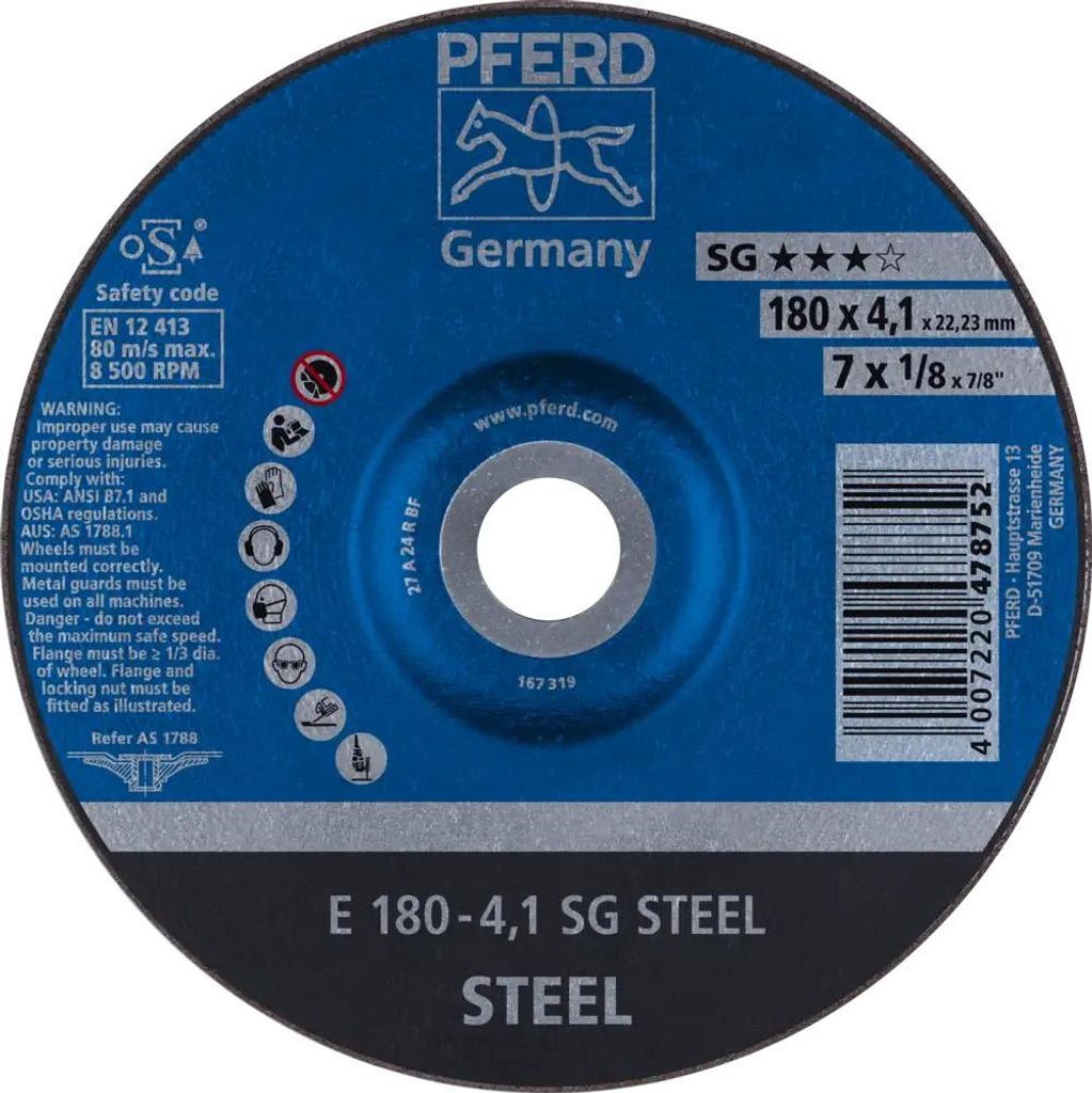 PFERD TOOLS Schruppscheibe E 180x4,1x22,23 mm Leistungslinie SG STEEL für Stahl 10 Stk