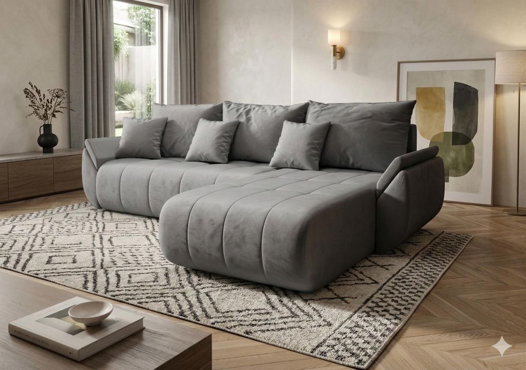 CORNERO Ecksofa mit Schlaffunktion SYDNEY Sofa L-Form Couch mit Bettkasten Eckcouch mit Stauraum Velourstoff Hellgrau Ottomane rechts
