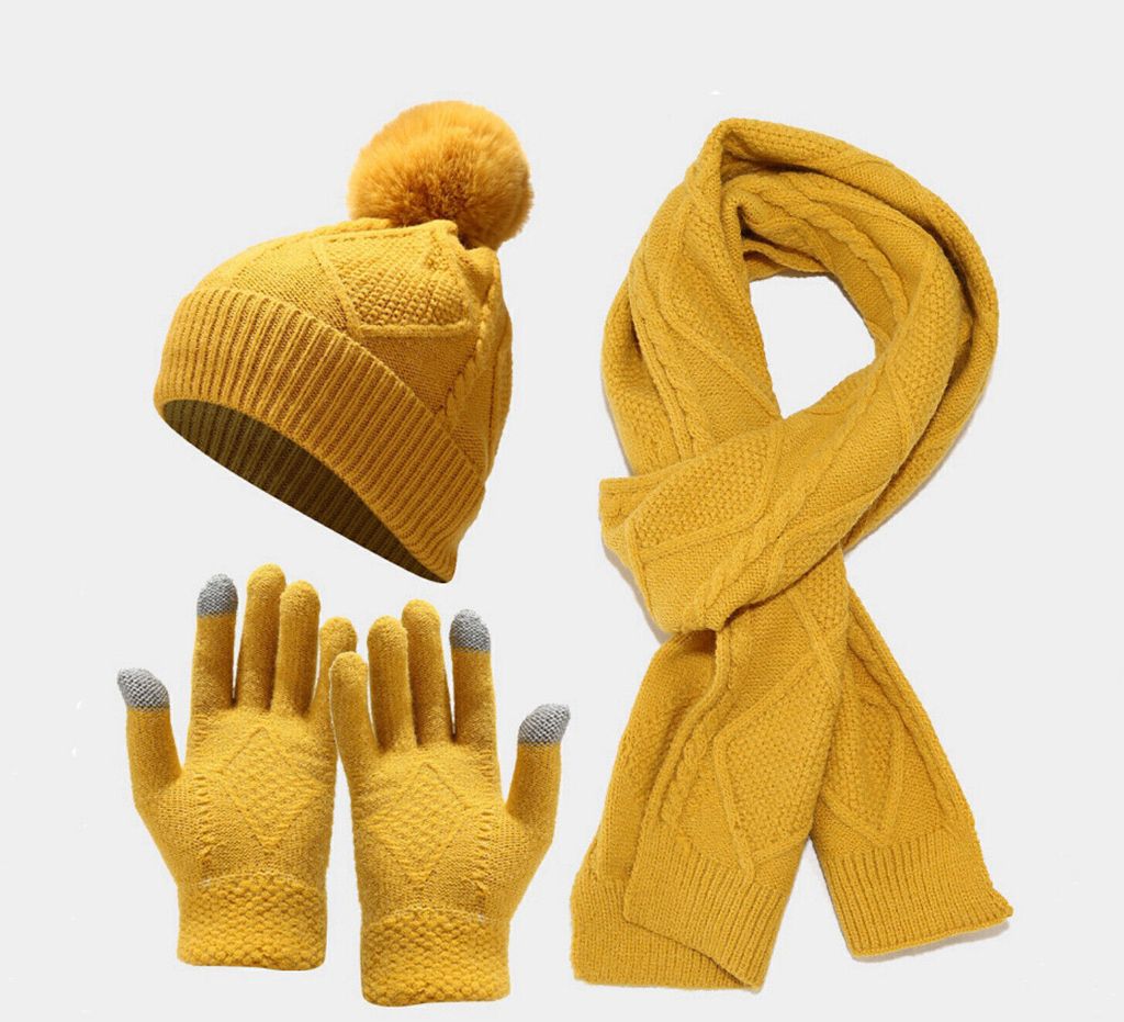 Gelb 3 stk Herren Damen Winter Mütze Schal Handschuhe Warm Set