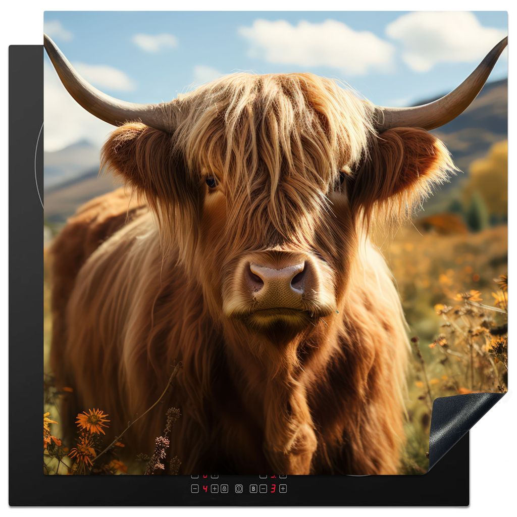 KitchenYeah Herdabdeckplatte Schottischer Hochländer - Tier - Natur , 78x78cm, Küche Deko, Glaskeramikkochfeld Herdabdeckung, Abdeckplatte fùr...