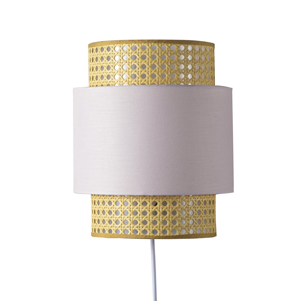 BAMBINA Wandleuchte aus Naturrattan mit rosa Stoffschirm, E27, inklusive Kabel und Schalter