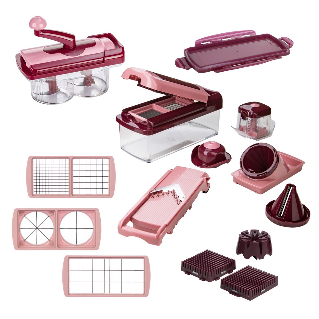 A collection of kitchen food preparation tools, including choppers, slicers, and dicers, arranged on a white background.