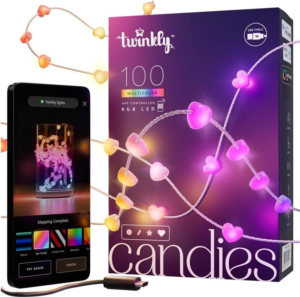 Twinkly Candies - String de Weihnachtsbeleuchtung de mit 100 LED RGB - App-gesteuert und USB-C betrieben - Smart Indoor Dekoration, 6m, Herz, Cable...