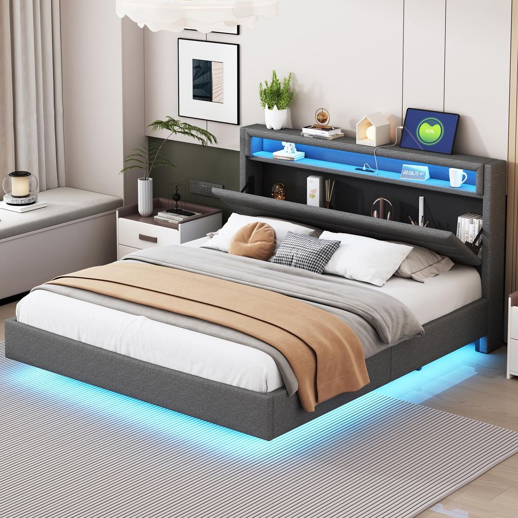 Fortuna Lai Polsterbett 160x200 cm mit USB-Steckdose und LED-Licht, wendbares Kopfteil, verdecktes Fußteil, Doppelflachbett, Jugendbett, Erwachsen...